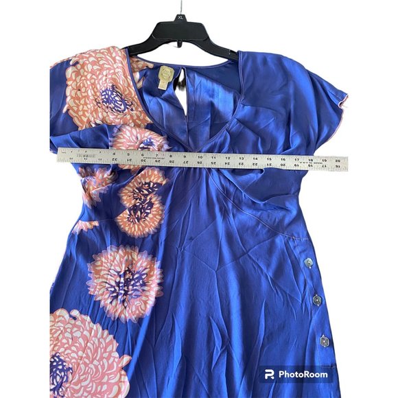 Anthropologie Tea and Honey Periwinkle and Pink Silk Dress Abalone buttons Small - Picture 7 of 9